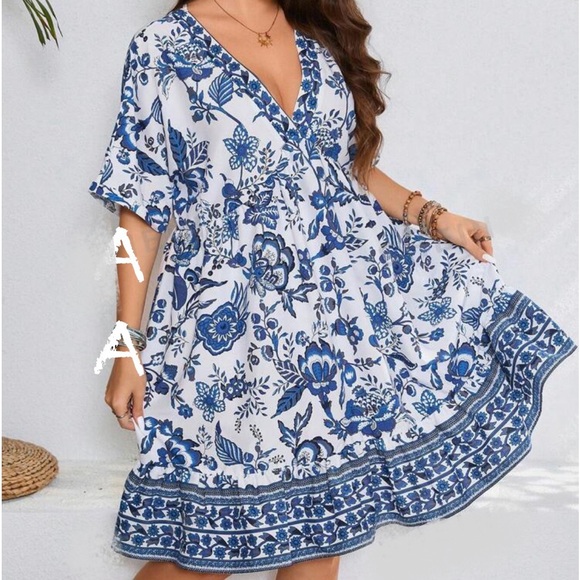 Boho Plus Size Floral Paisley Print Short Sleeve Dress White Blue - Picture 1 of 2